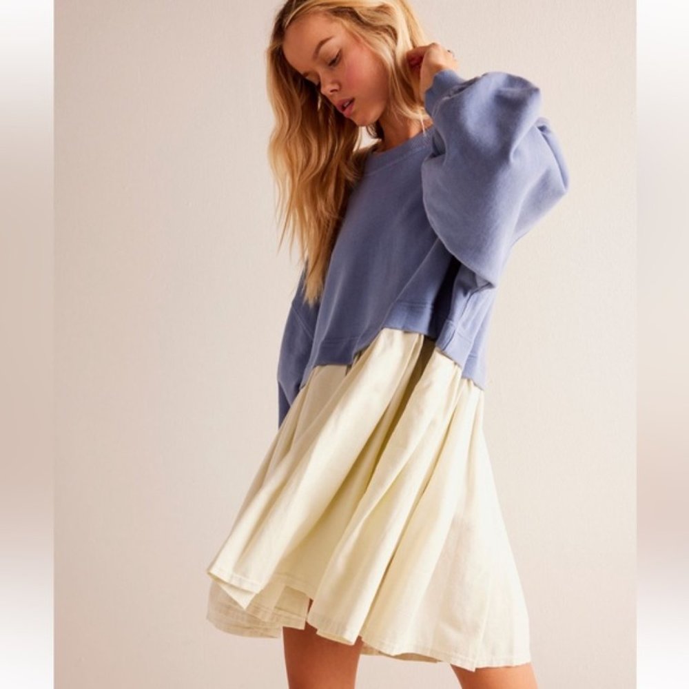 Free People Blue Pullover Top with Cream Skirt Dress